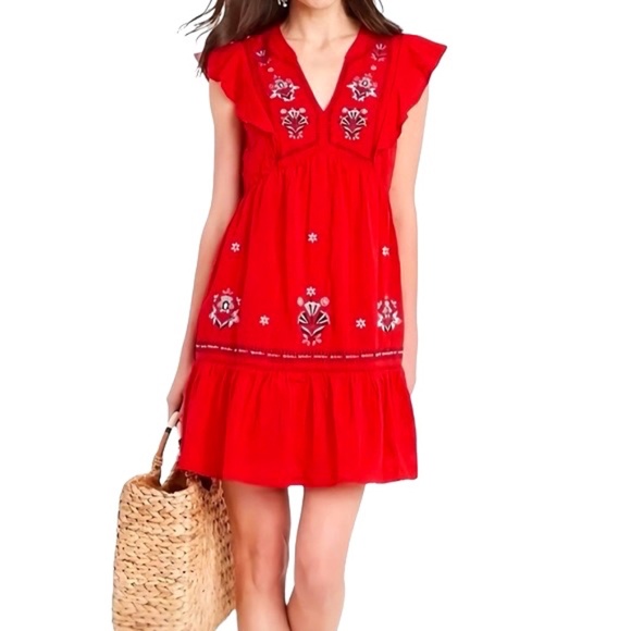 Knox Rose Red Embroidered Midi Empire Cotton Summer Dress Sz Large - Picture 1 of 12